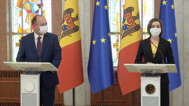 Președintele R. Moldova, Maia Sandu și ministrul Afacerilor Externe al României, Bogdan Aurescu susțin declarații de presă