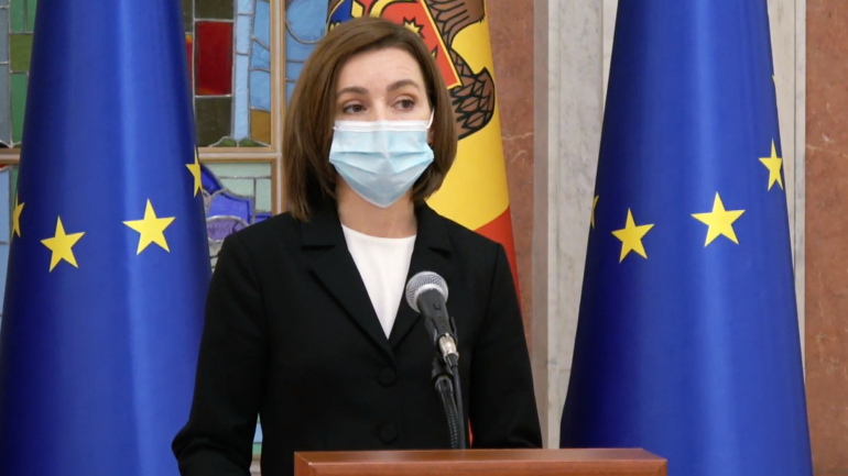 Președinta Republicii Moldova, Maia Sandu, susține un briefing de presă cu referire la situația actuală din țară