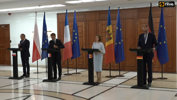 Conferință de presă susținută de Președinta Republicii Moldova, Maia Sandu, Președintele Franței, Emmanuel Macron, Cancelarul Germaniei, Friedrich Merz, și Prim-ministrul Poloniei, Donald Tusk